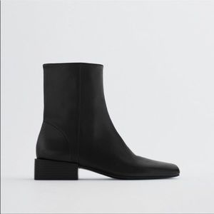 Zara Black Square Leather Ankle Boots (7.5 US)